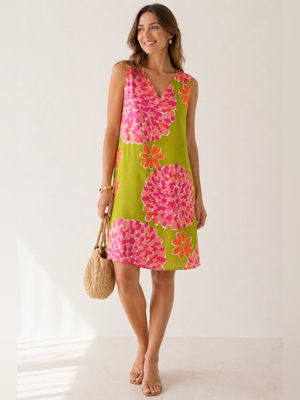 Lilly Pulitzer Silk Dress Chartreuse Pink&Peach Floral-V-Neck-Stretch-Lined Sz 0